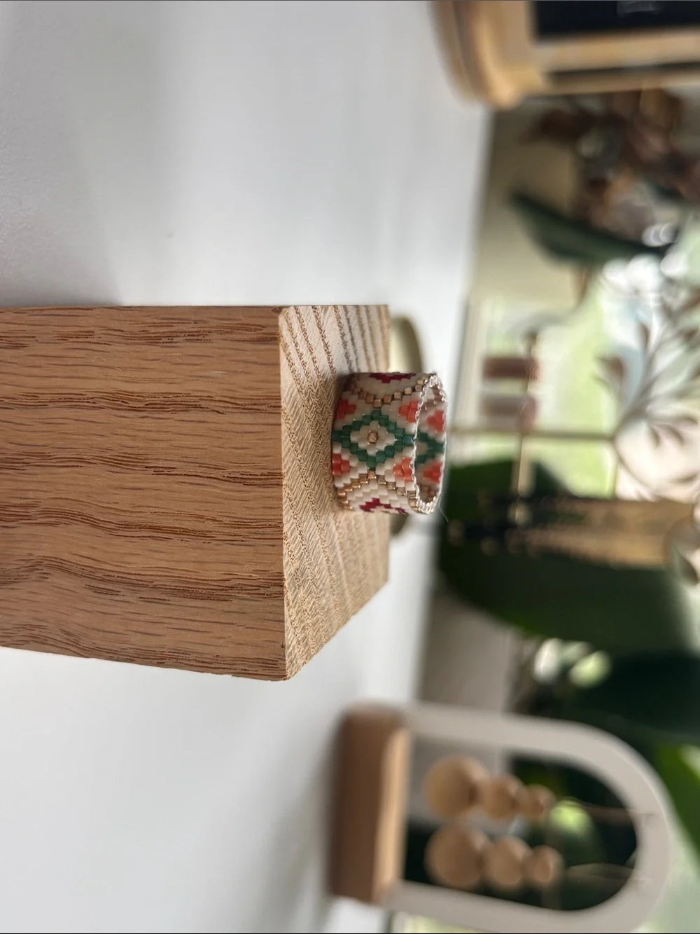 Handwoven Beaded Ring in Red and White - Artisan Style